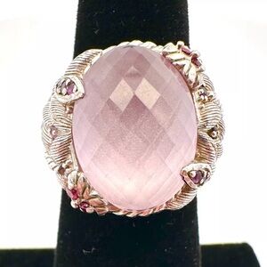 Judith Ripka rose quartz and amethyst sterling fleur-de-lis ring